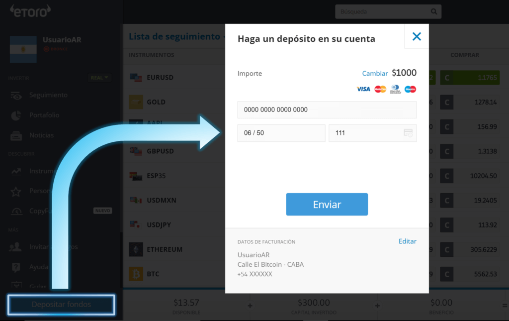 Depositar fondos eToro Argentina