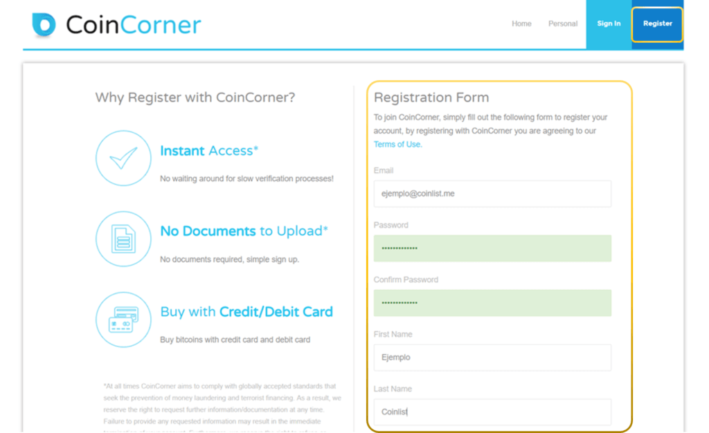 Registro CoinCorner