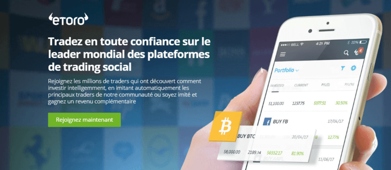 avis wallet eToro - écran d'accueil de la plateforme pour ouvrir un compte