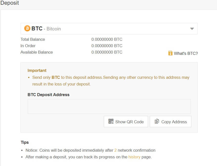 Deposita bitcoin su Binance